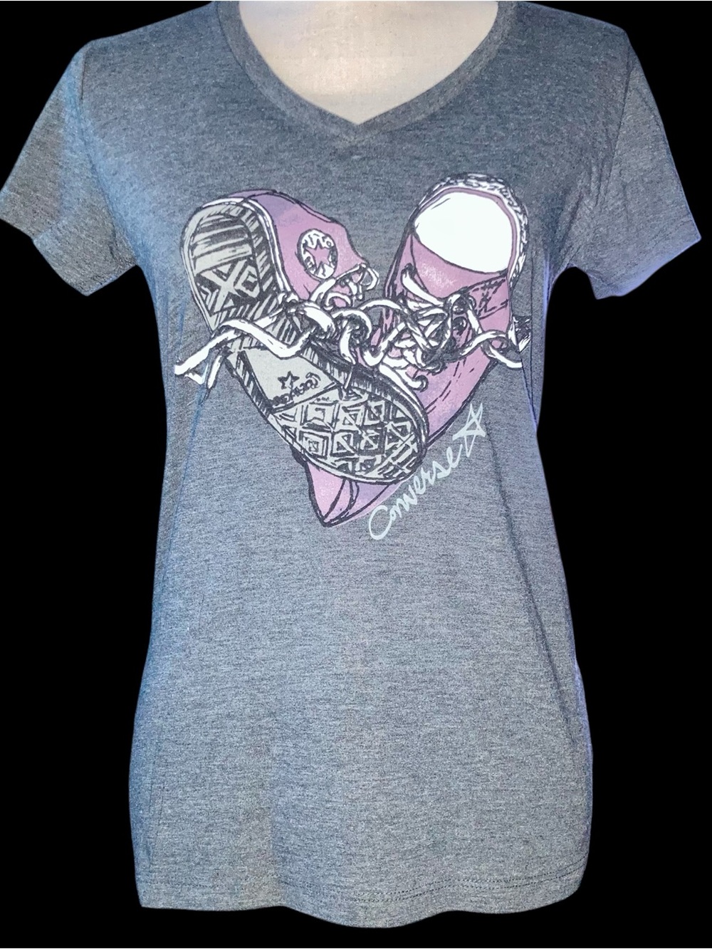 Heather Gray & Pink Converse Chucks T Shirt. Size Small